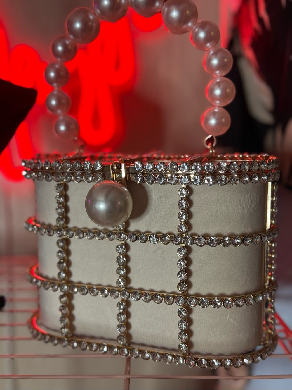 Pearl-Handle Crystal Grid Box Bag